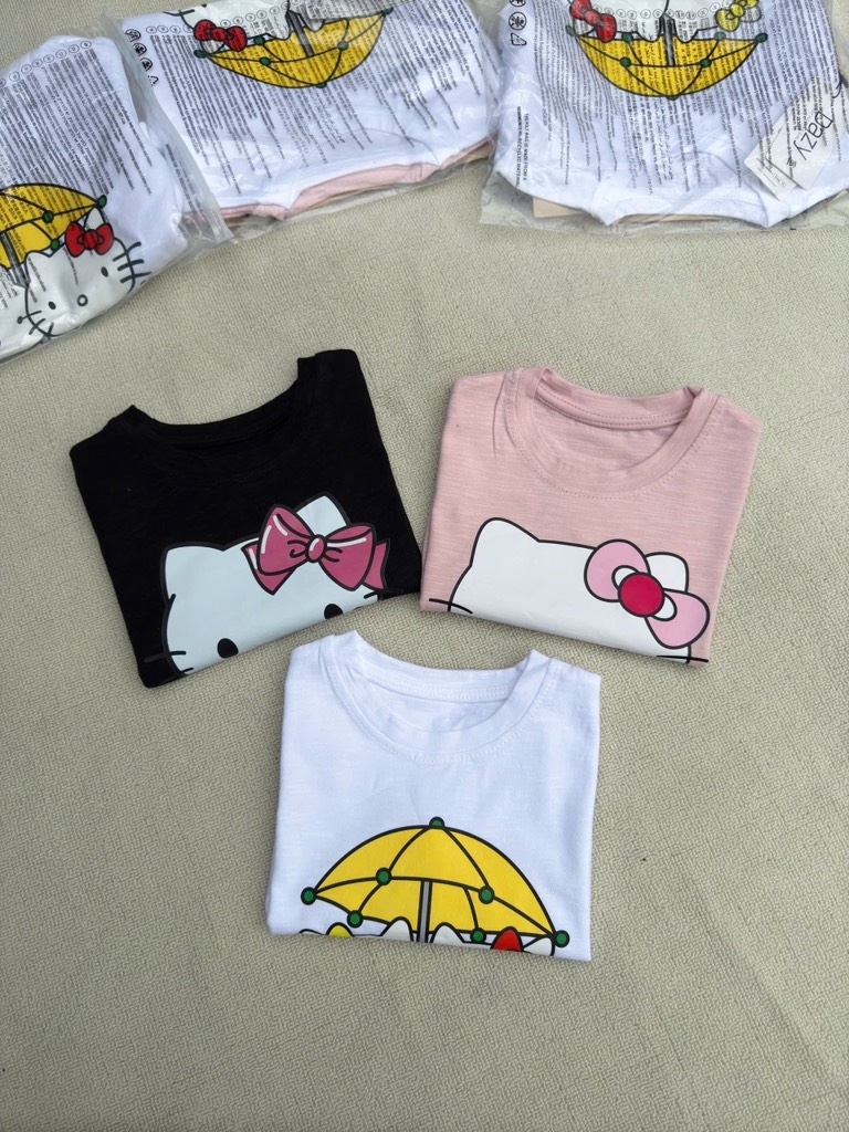 SÉT 3 ÁO CỘC HELLO KITTY TRẮNG HỒNG ĐEN BÉ GÁI SẴN (XẢ 75k)