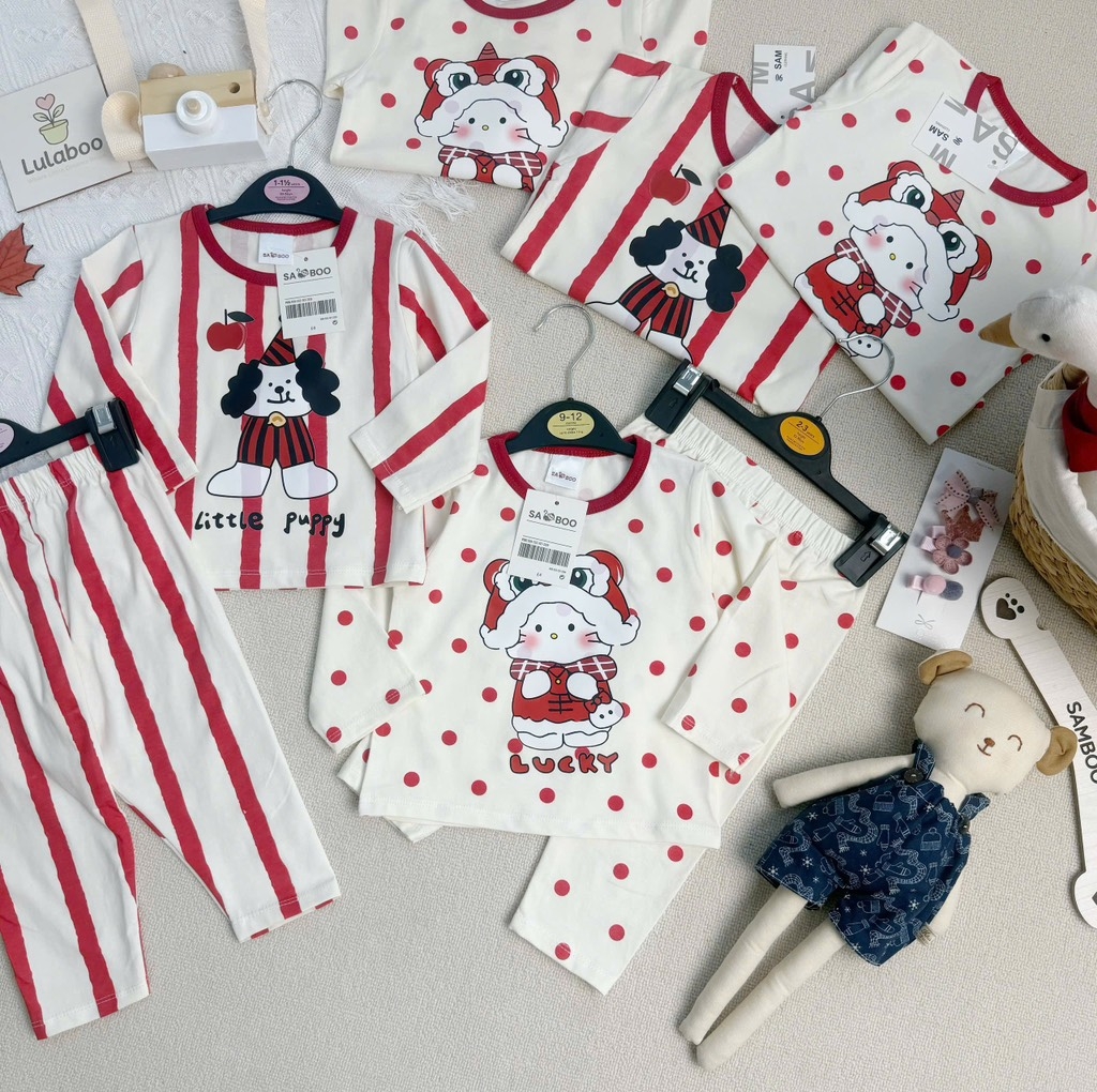 SET BỘ DÀI NOEL KẺ ĐỎ CHẤM NI BÉ TRAI BÉ GÁI