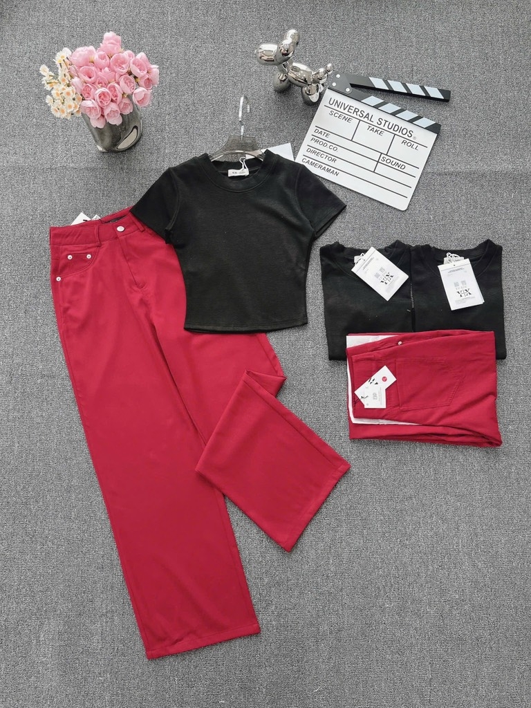 SET QUẦN KAKI ĐỎ & ÁO DÍP CROPTOP NỮ SẴN (SALE 160k)