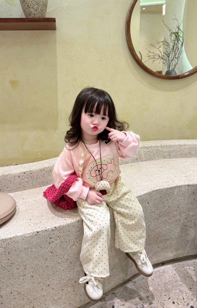 SET DÀI NỈ HAI DA CÚN HỒNG CHẤM BI BÉ GÁI