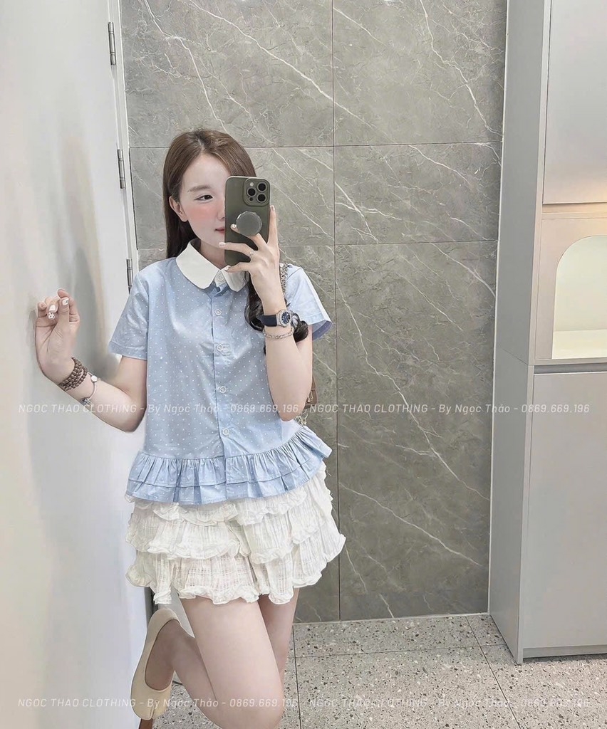 ÁO GU XANH PLEUM DÁNG XOÈ XẾP BÈO NỮ SẴN