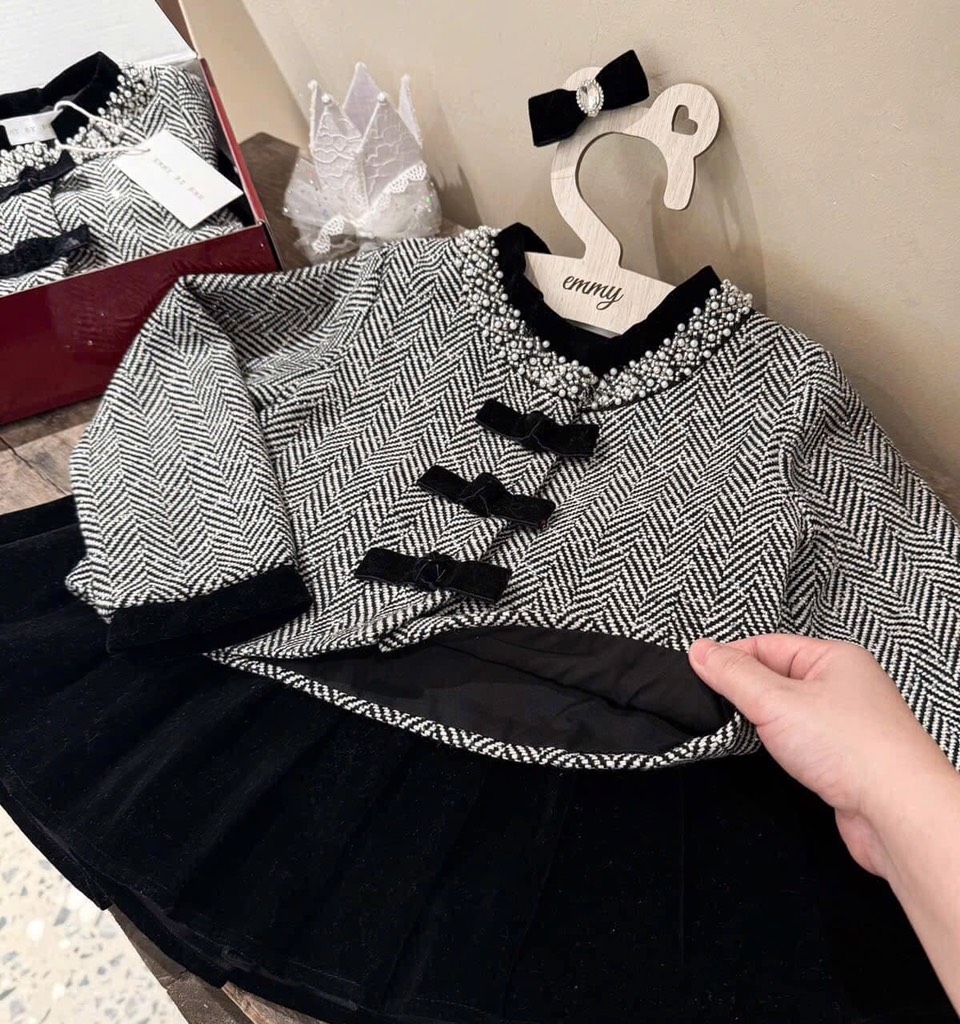 SÉT ÁO DẠ BLING DÀI TAY CV NHUNG XẾP LI XOÈ CHO BÉ GÁI