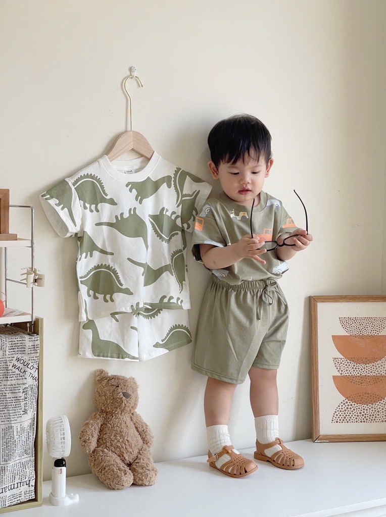 SÉT 2 BỘ COTTON CỘC KHỦNG LONG - GẤU TONE XANH BÉ TRAI( 70k)