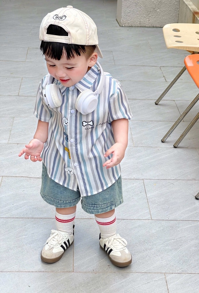 SET ÁO SƠ MI CỘC TAY KẺ KÈM QUẦN BÒ BÉ TRAI