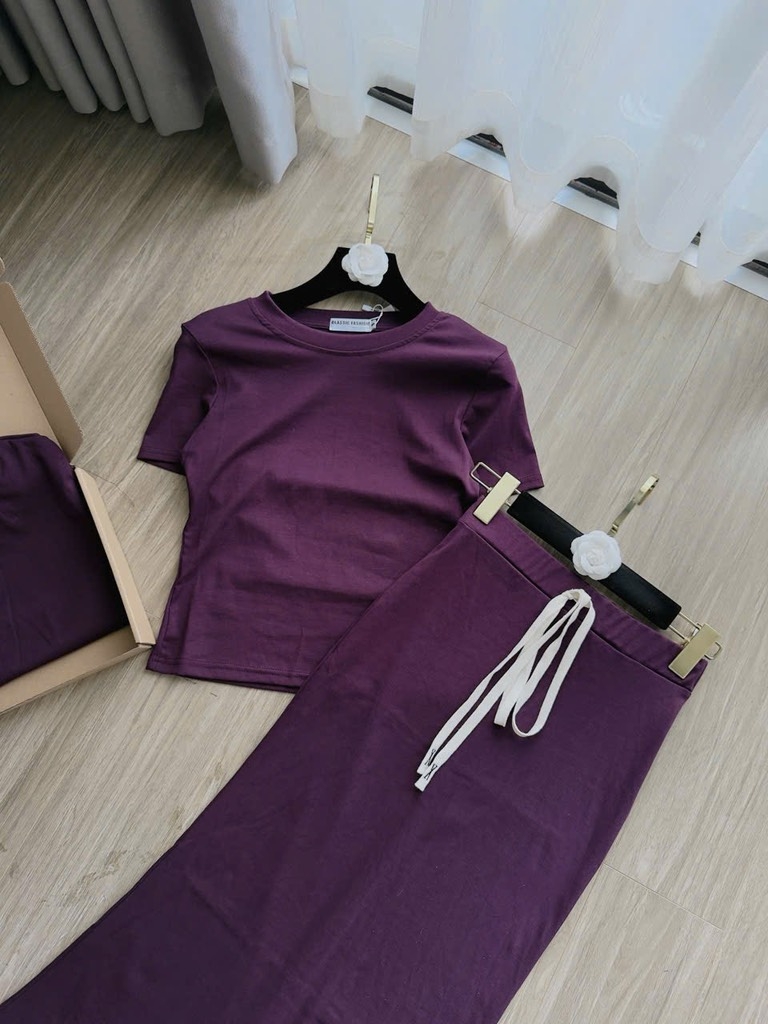 SET BỘ TÍM ÁO CROP MIX CHÂN VÁY DÀI NỮ SẴN