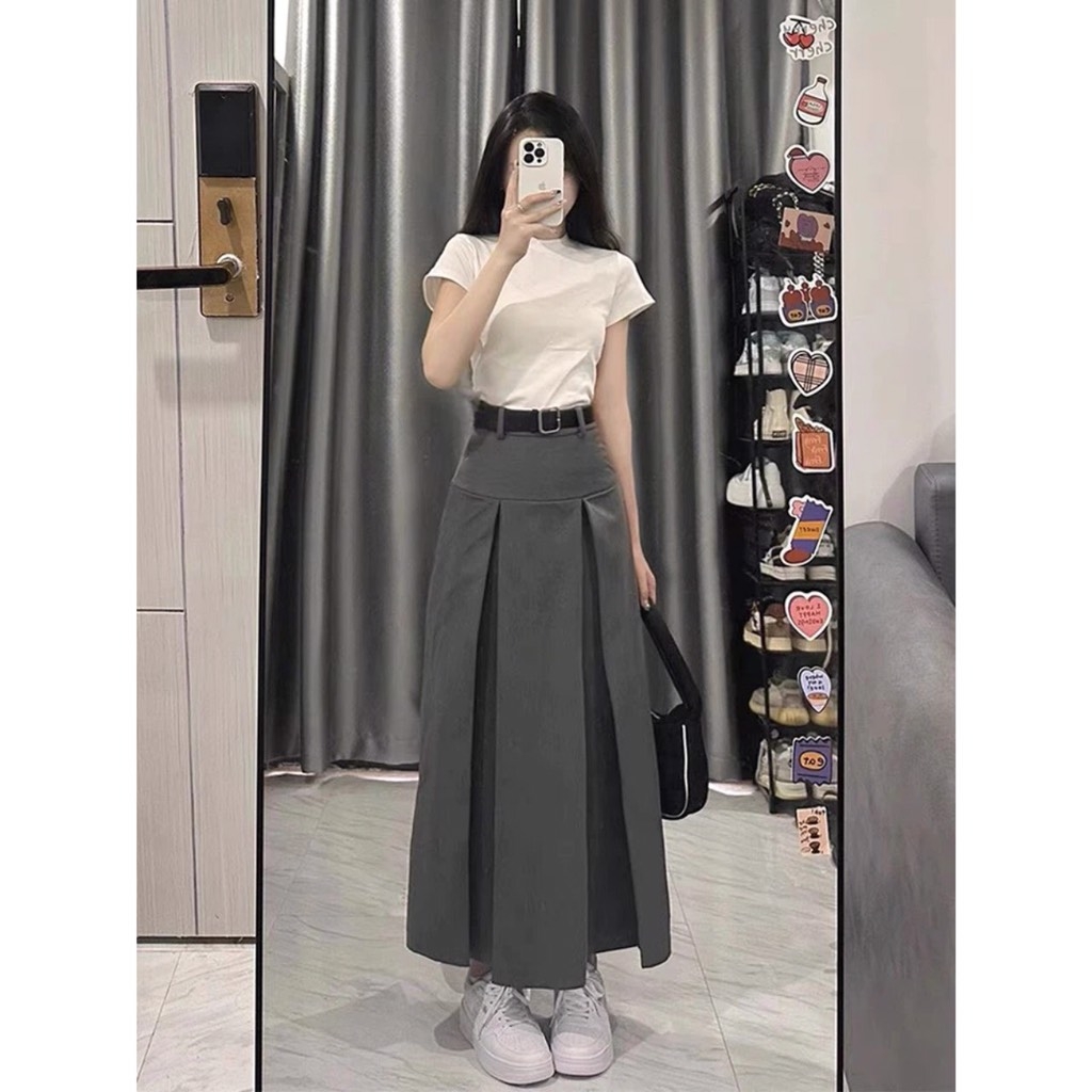 CHÂN VÁY DÀI XẾP LI KÈM ĐAI- xả 97k