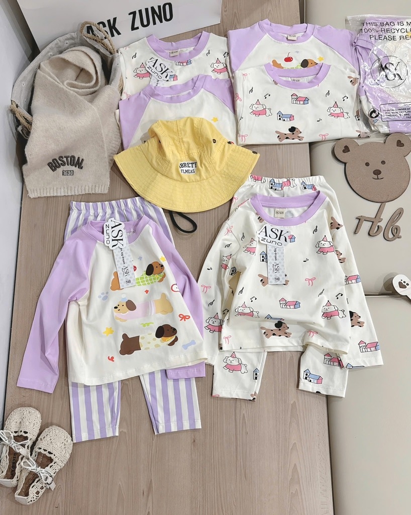 BỘ DÀI CHÓ CON NHỎ TONE TÍM BE QUẦN KẺ BÉ GÁI