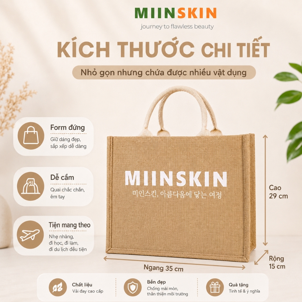 [QUÀ - ĐƠN TỪ 999K] Túi Tote MIINSKIN Đựng Mỹ Phẩm Skincare Du Lịch Vải Bố Dày Dặn