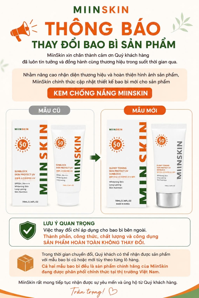Kem Chống Nắng Nâng Tone , Bảo Vệ Da MIINSKIN PROTECT UV SUN BLOCK (BAO BÌ ĐỔI MỚI - CHẤT LƯỢNG KHÔNG ĐỔI)