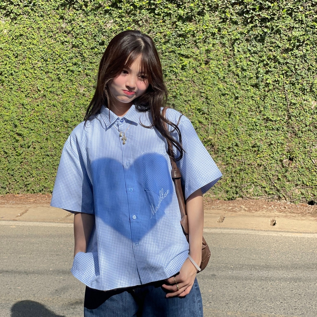 Áo sơ mi Boxy Caro Oxford - BLue Heart