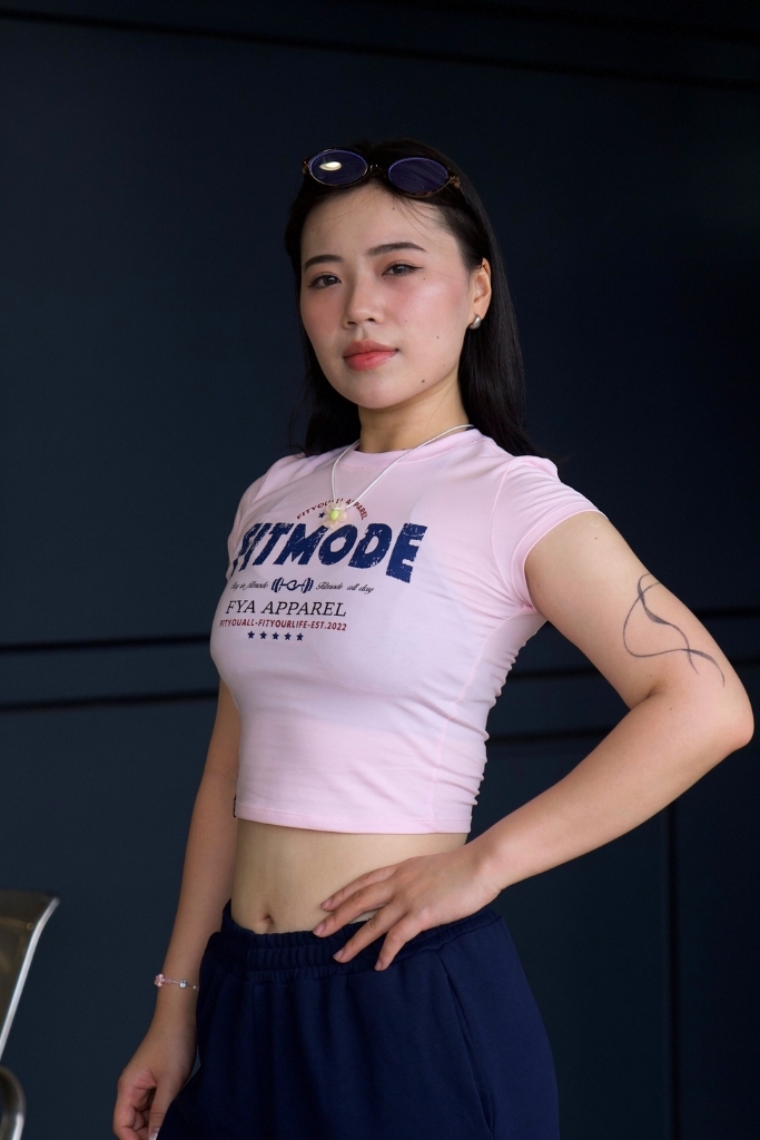 Áo Croptop Ôm FITMODE - Hồng Chữ Xanh