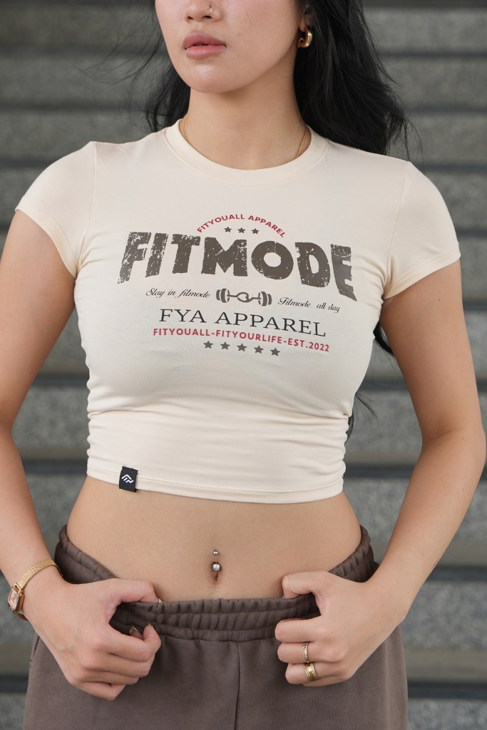 Áo Croptop Thun Ôm FITMODE - Kem Chữ Nâu