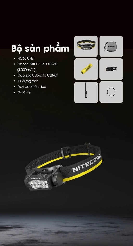 Đèn pin đội đầu Nitecore HC60 UHE sáng 1600 lumen chiếu xa 157m