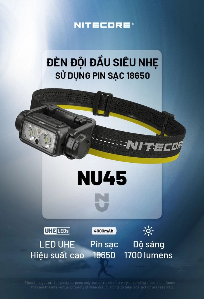 Đèn đội đầu NITECORE NU45 sáng 1700lm chiếu xa 172m pin 18650 4000mAh nhẹ 126gr chuyên cho chạy trail