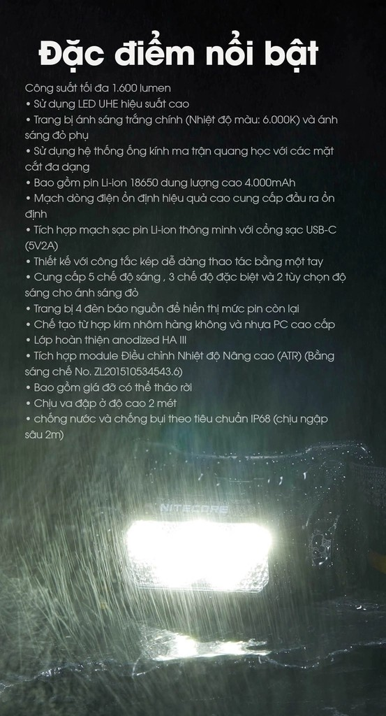Đèn pin đội đầu Nitecore HC60 UHE sáng 1600 lumen chiếu xa 157m