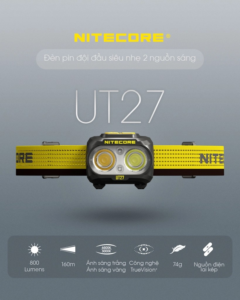 Đèn đội đầu NITECORE UT27 sáng 800lm chiếu xa 160m pin 1300mAh USB-C chuyên chạy marathon, chạy trail