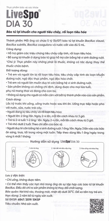 Bào tử lợi khuẩn Livespo DIA 30 hỗ trợ giảm các triệu chứng tiêu chảy cấp tính, rối loạn tiêu hoá (10 ống x 5ml)