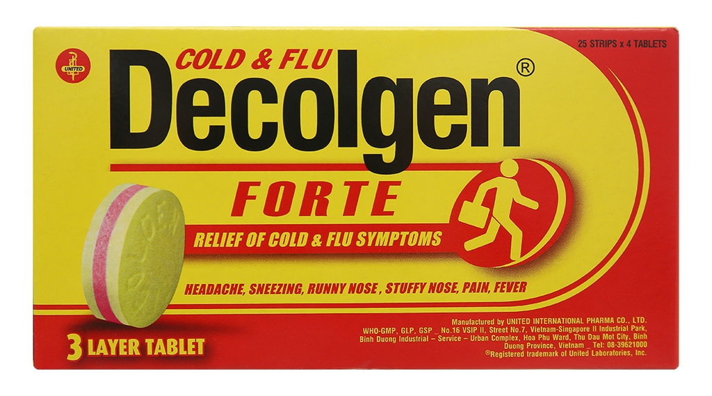 Decolgen Forte trị các triệu chứng cảm thông thường, viêm mũi dị ứng (25 vỉ x 4 viên)