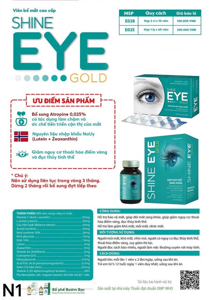 Shine Eye Gold: hỗ trợ giảm nguy cơ thoái hóa điểm vàng, đục thủy tinh thể