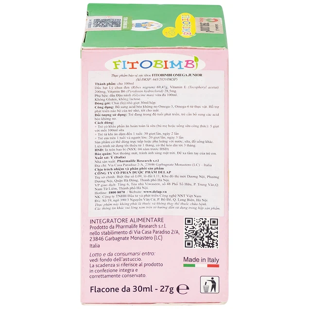 Siro Fitobimbi Omega Junior Gocce Pharmalife bổ sung acid béo không no Omega-3, Omega-6 (30ml)