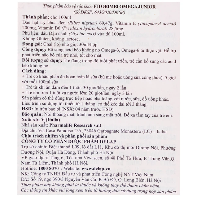 Siro Fitobimbi Omega Junior Gocce Pharmalife bổ sung acid béo không no Omega-3, Omega-6 (30ml)
