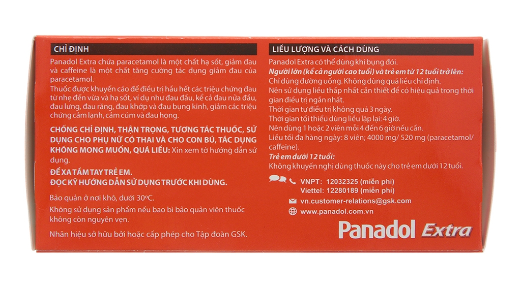Panadol Extra giảm đau hạ sốt (15 vỉ x 12 viên)