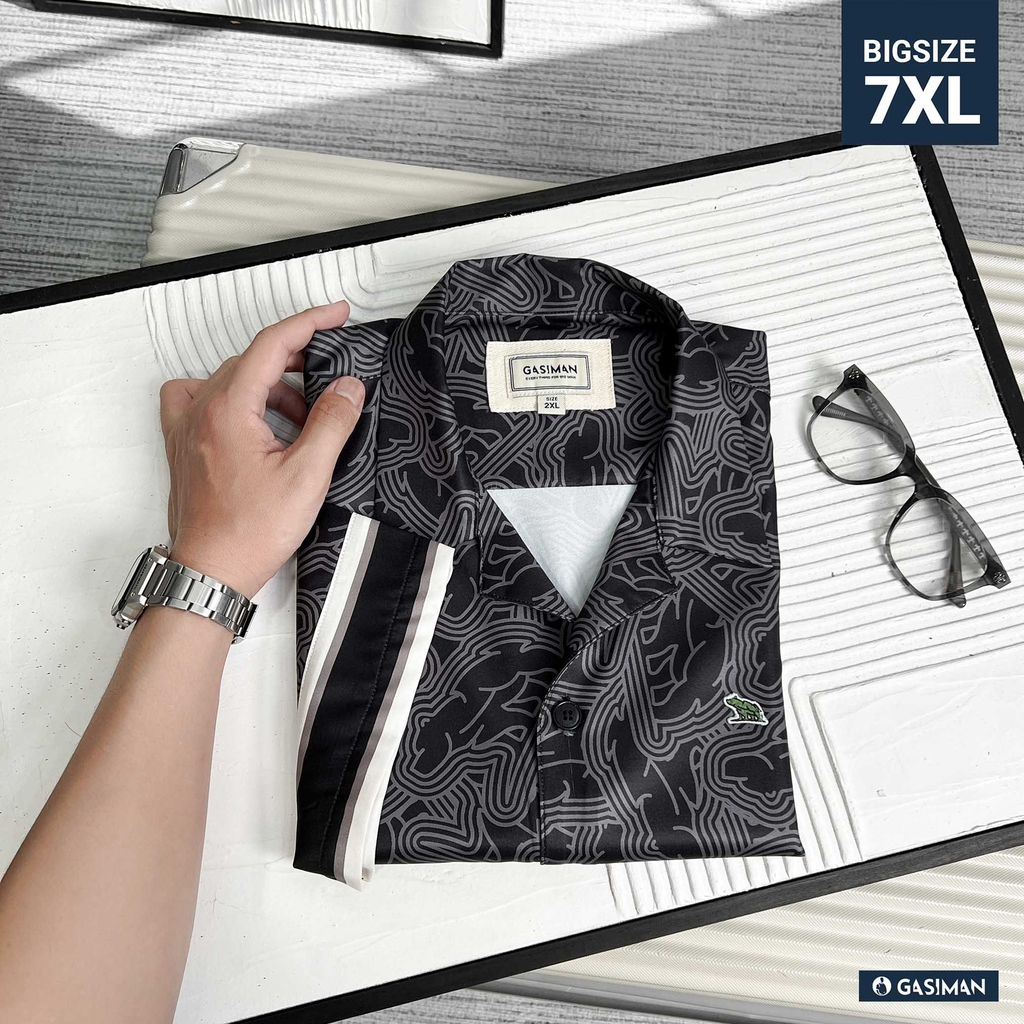 Sơ Mi Cuban Lụa Băng Họa Tiết Monobear Đen