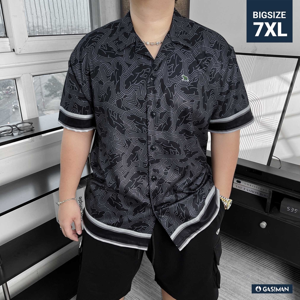 Sơ Mi Cuban Lụa Băng Họa Tiết Monobear Đen