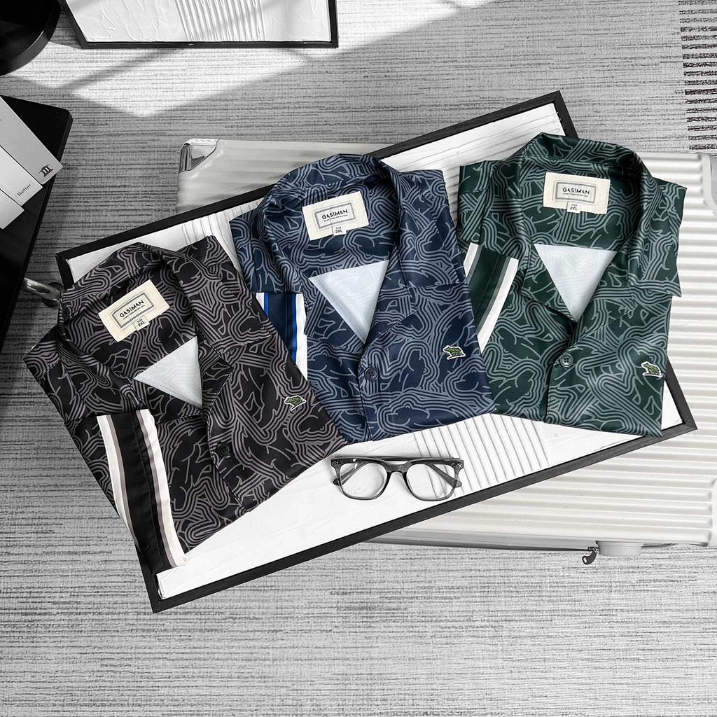 Sơ Mi Cuban Lụa Băng Họa Tiết Monobear Xanh Đen