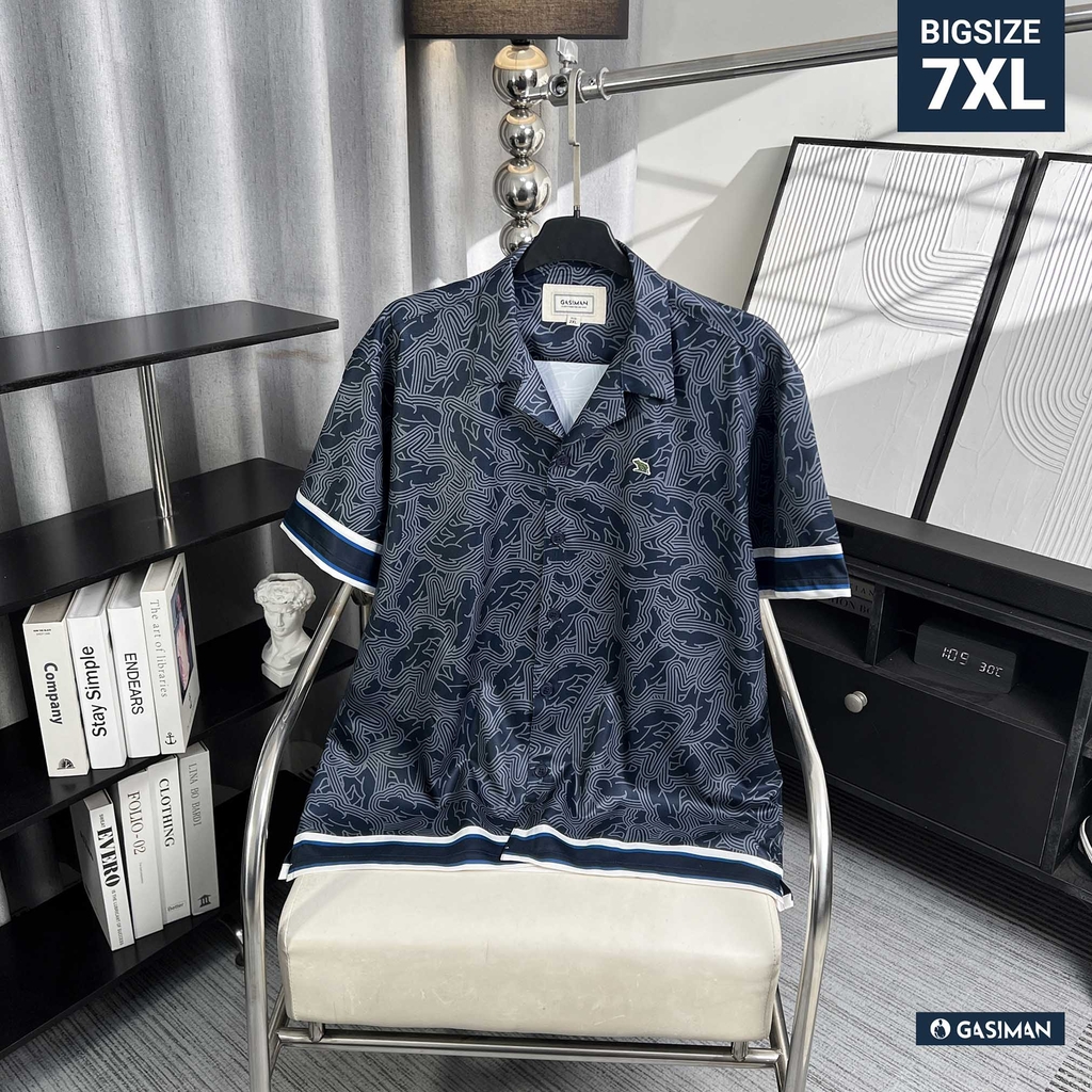 Sơ Mi Cuban Lụa Băng Họa Tiết Monobear Xanh Đen