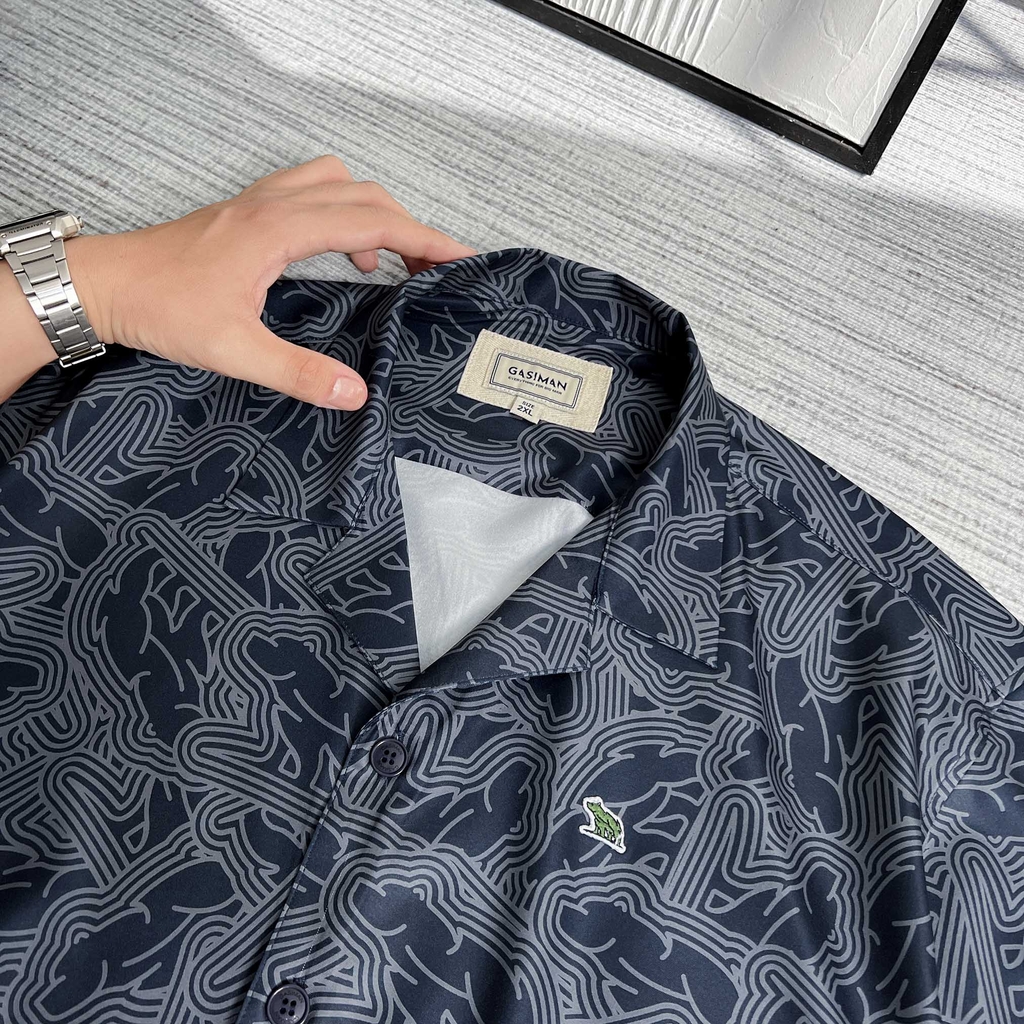 Sơ Mi Cuban Lụa Băng Họa Tiết Monobear Xanh Đen