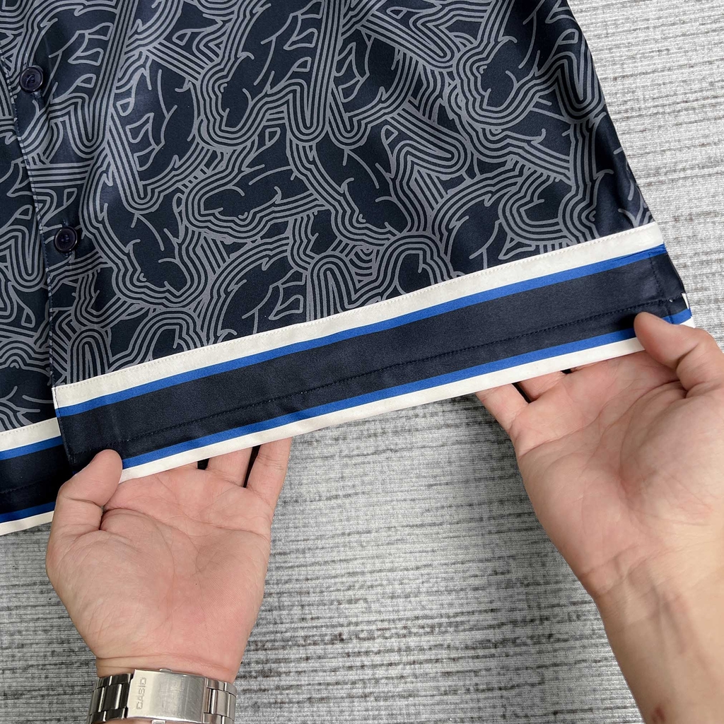 Sơ Mi Cuban Lụa Băng Họa Tiết Monobear Xanh Đen