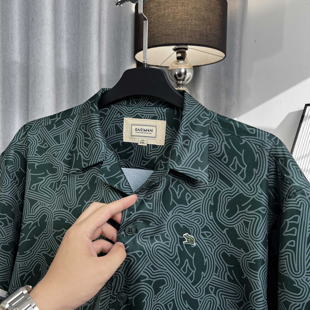 Sơ Mi Cuban Lụa Băng Họa Tiết Monobear Xanh Lá