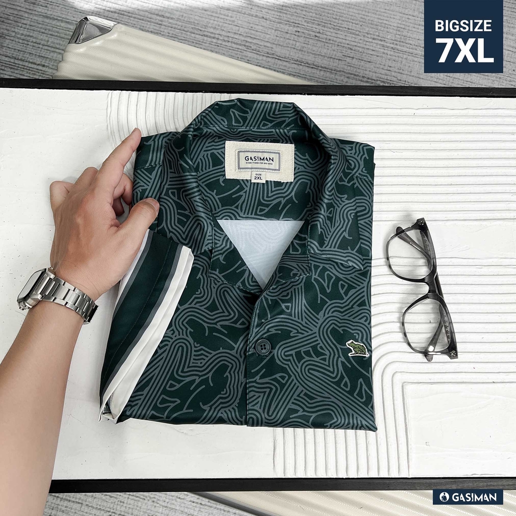 Sơ Mi Cuban Lụa Băng Họa Tiết Monobear Xanh Lá