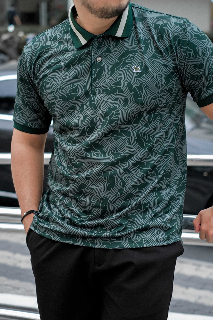 Áo Polo Big size họa tiết Gấu Phối Bo màu Xanh rêu