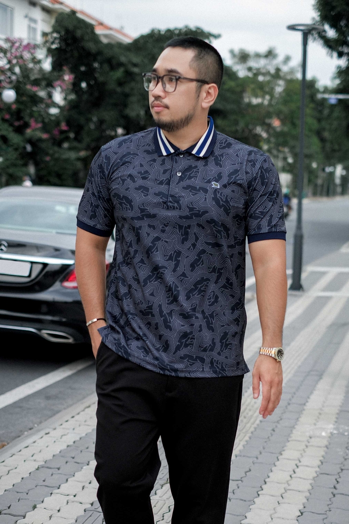 Áo Polo Big size Họa tiết Gấu phối Bo màu Xanh đen