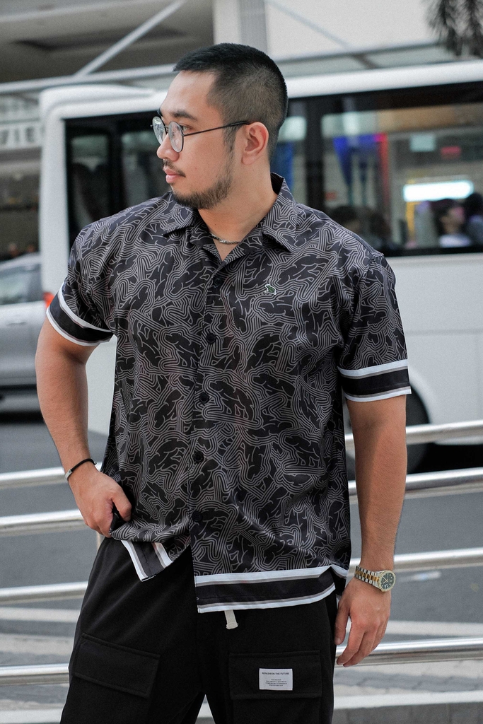 Sơ Mi Cuban Lụa Băng Họa Tiết Monobear Đen