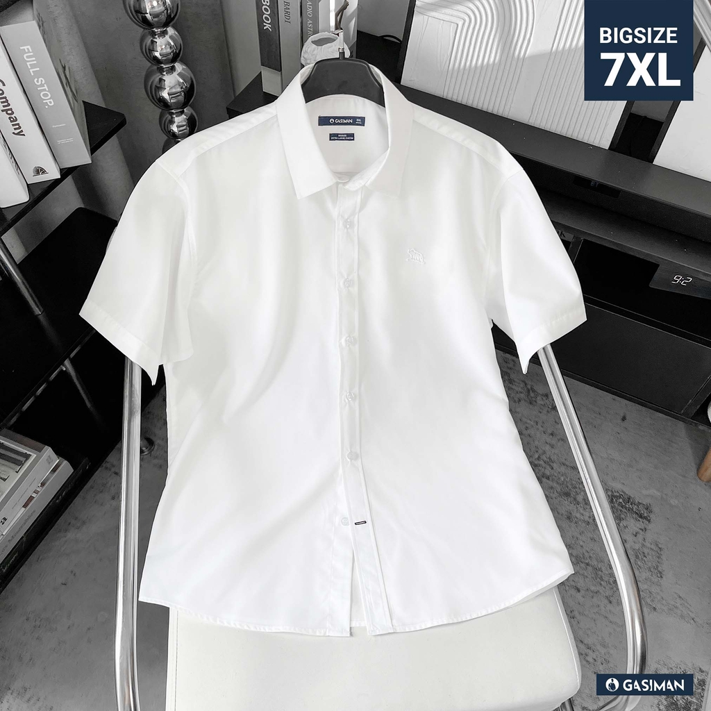 Áo Sơ Mi Tay ngắn Bigsize Trơn Logo thêu Gấu Màu Trắng