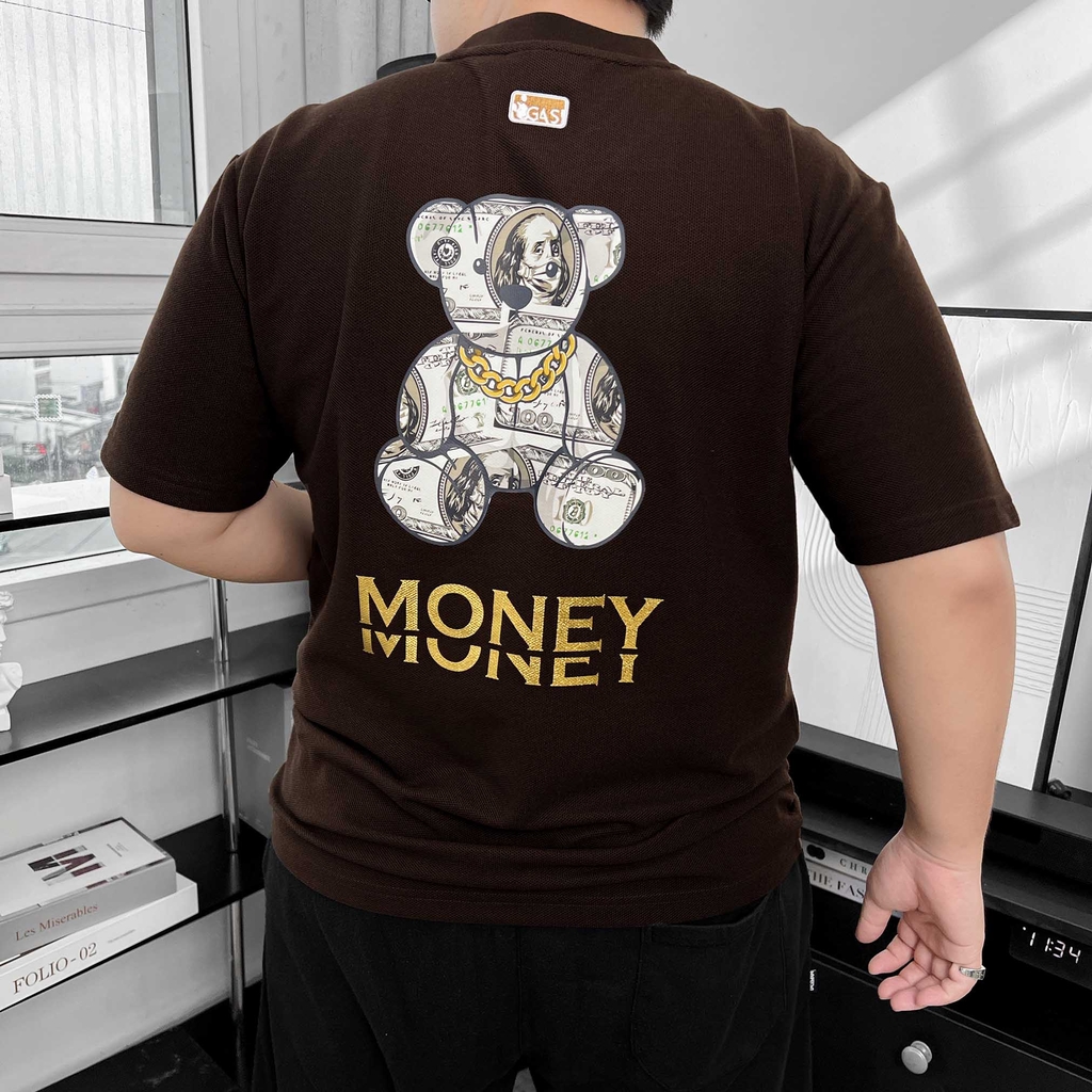 Áo Thun Big size có Túi In Gấu Money Màu Nâu