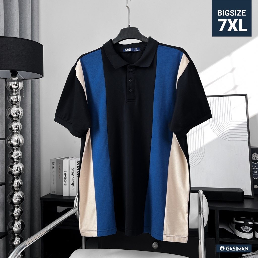 Áo Polo Bigsize Phối sọc Kem - xanh dương - Đen