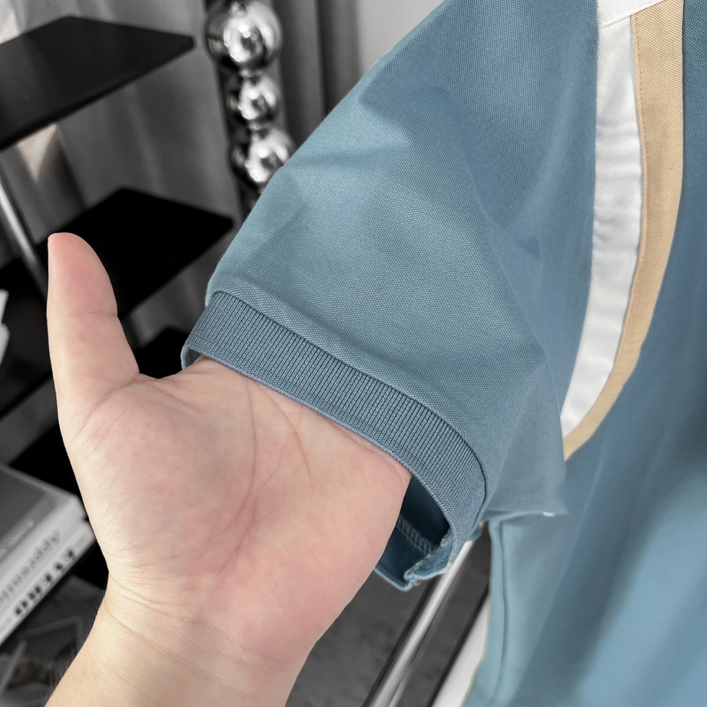 Áo Polo Bigsize Xanh biển Phối vai Kem - Trắng