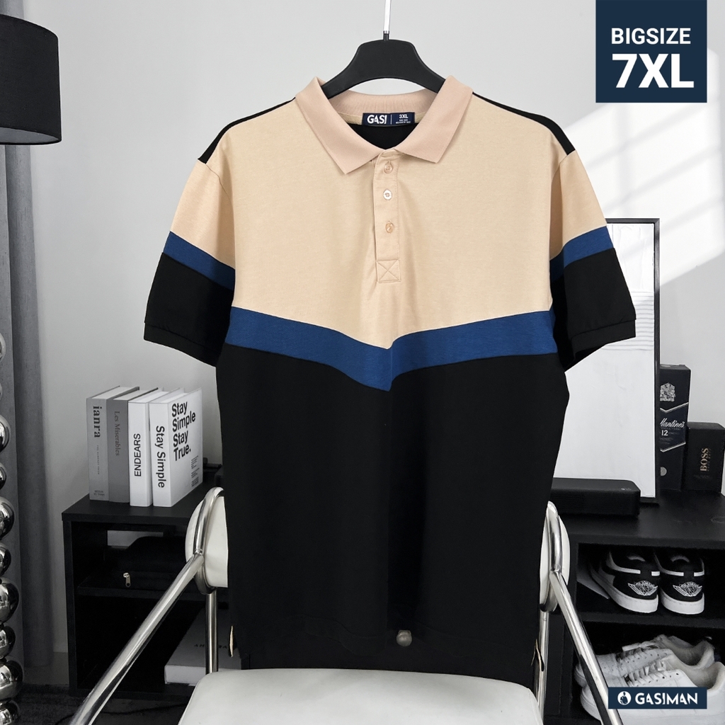 Áo Polo Bigsize Phối chữ V Kem - Xanh dương - Đen