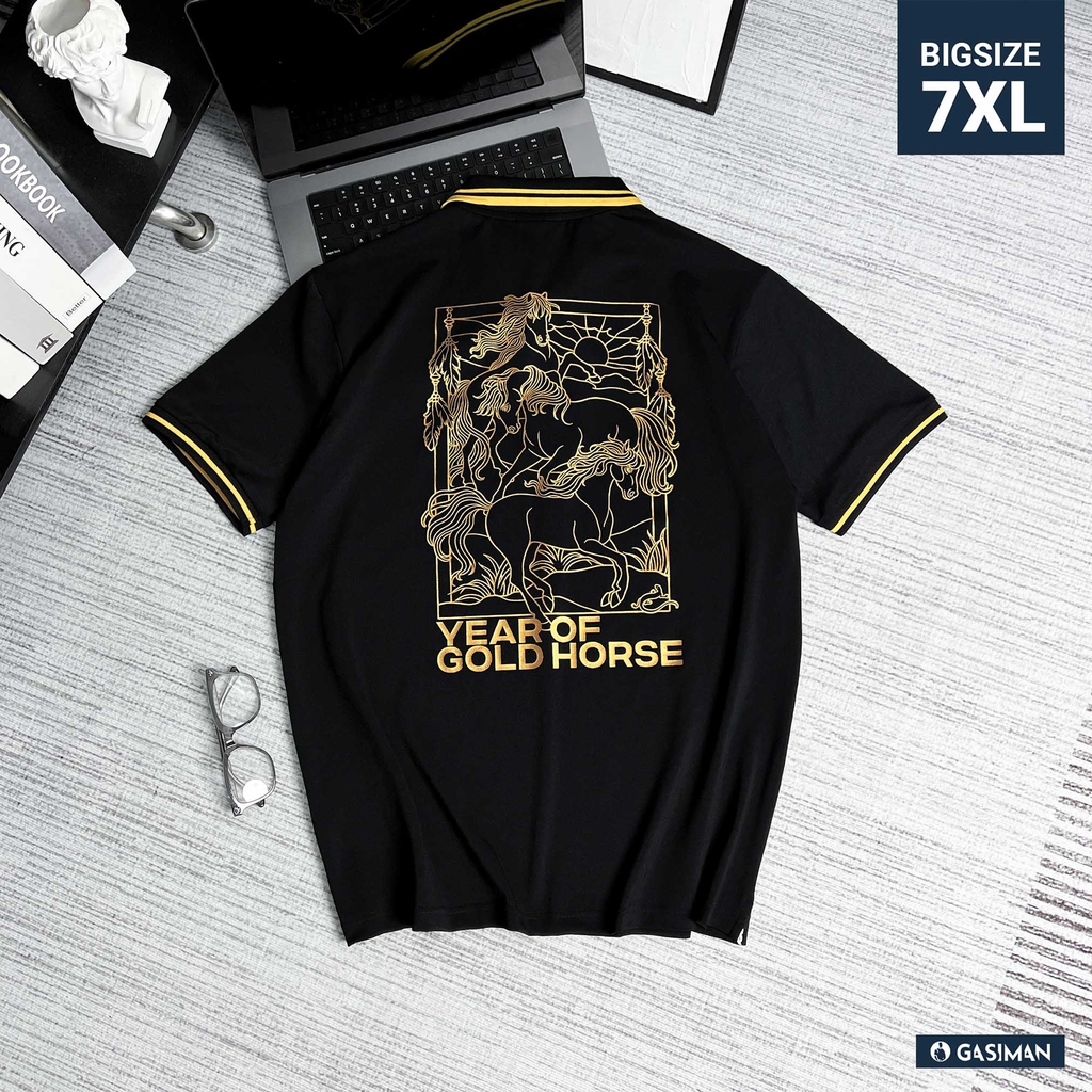 Áo Polo Đen In Nhũ Vàng Cổ Phối Sọc
