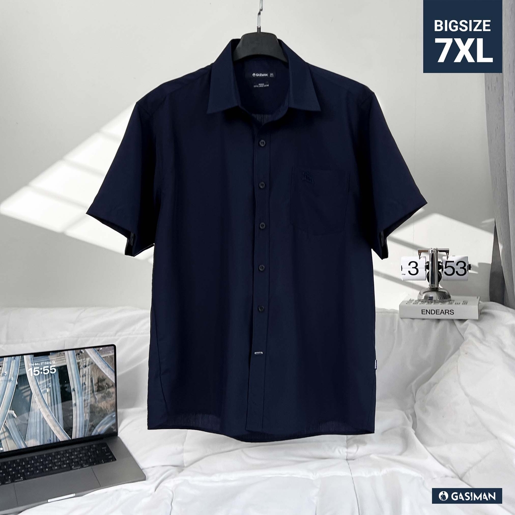 Áo Sơ Mi Bigsize Tay ngắn có Túi Logo thêu Gấu Màu Xanh đen