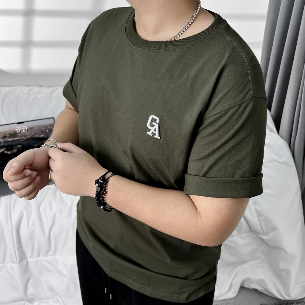 Áo thun Bigsize Thêu logo GA Xẻ tà Màu Xanh rêu
