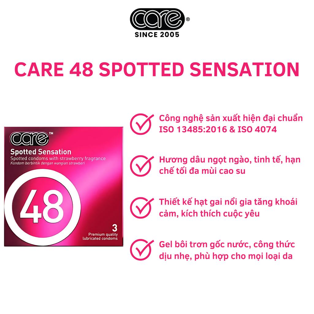 Bao cao su CARE 48 có gai - hương dâu (hộp 3 bcs)