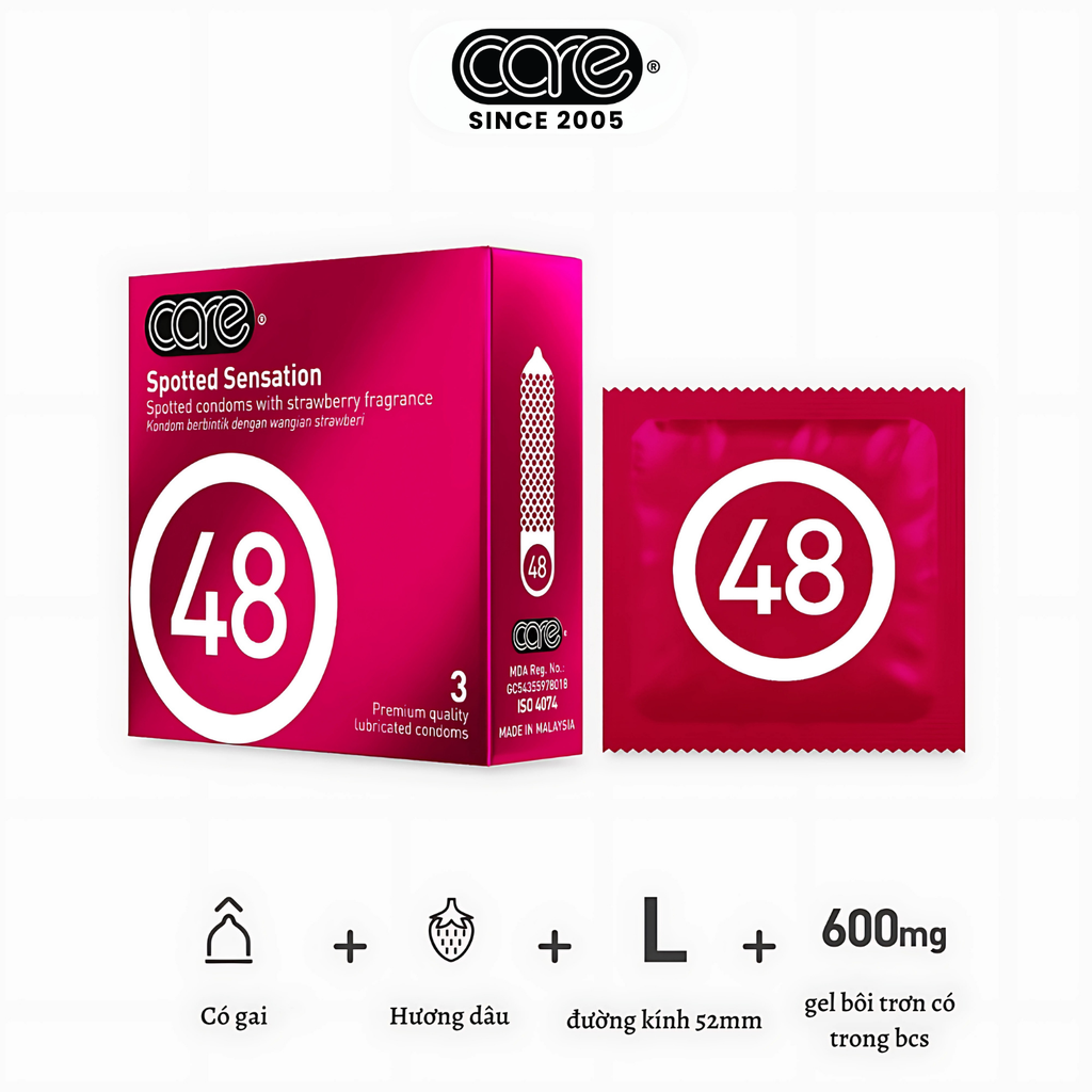 Bao cao su CARE 48 có gai - hương dâu (hộp 3 bcs)