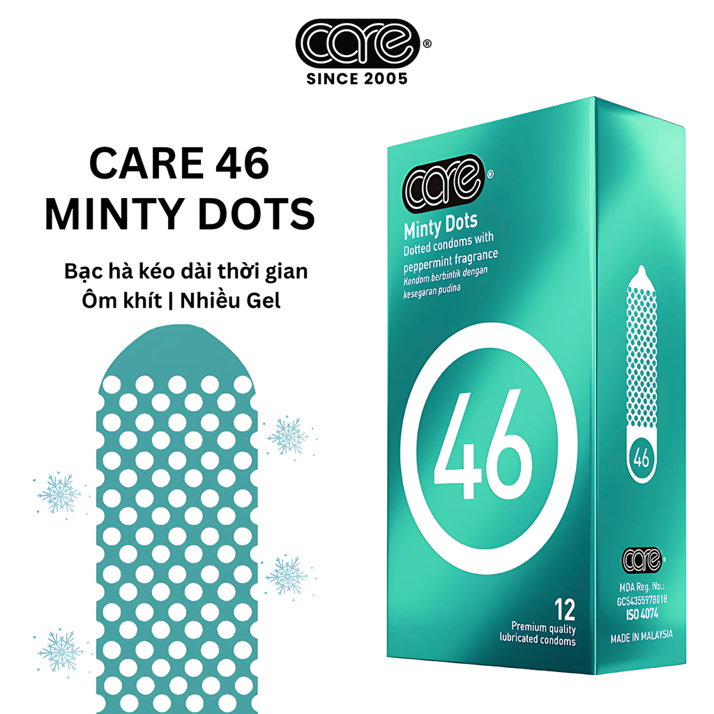 Bao cao su kéo dài thời gian CARE 46 có gai - hương bạc hà (hộp 12 bcs)