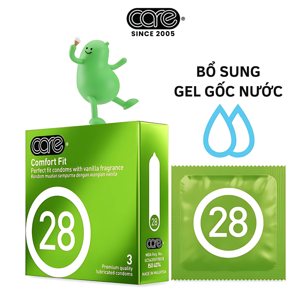 Bao cao su CARE 28 trơn mỏng truyền thống - hương vani (hộp 3 bcs)
