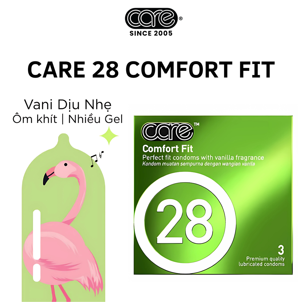Bao cao su CARE 28 trơn mỏng truyền thống - hương vani (hộp 3 bcs)